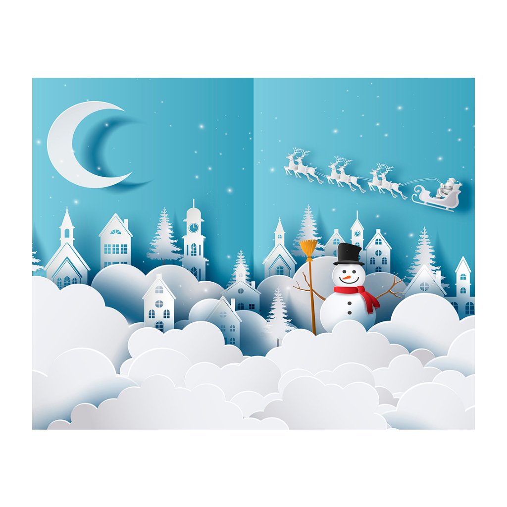 Fundo Fotográfico 2x1,60mts LxA em malha Sublimada Natal Azul Claro Boneco de Neve Papel