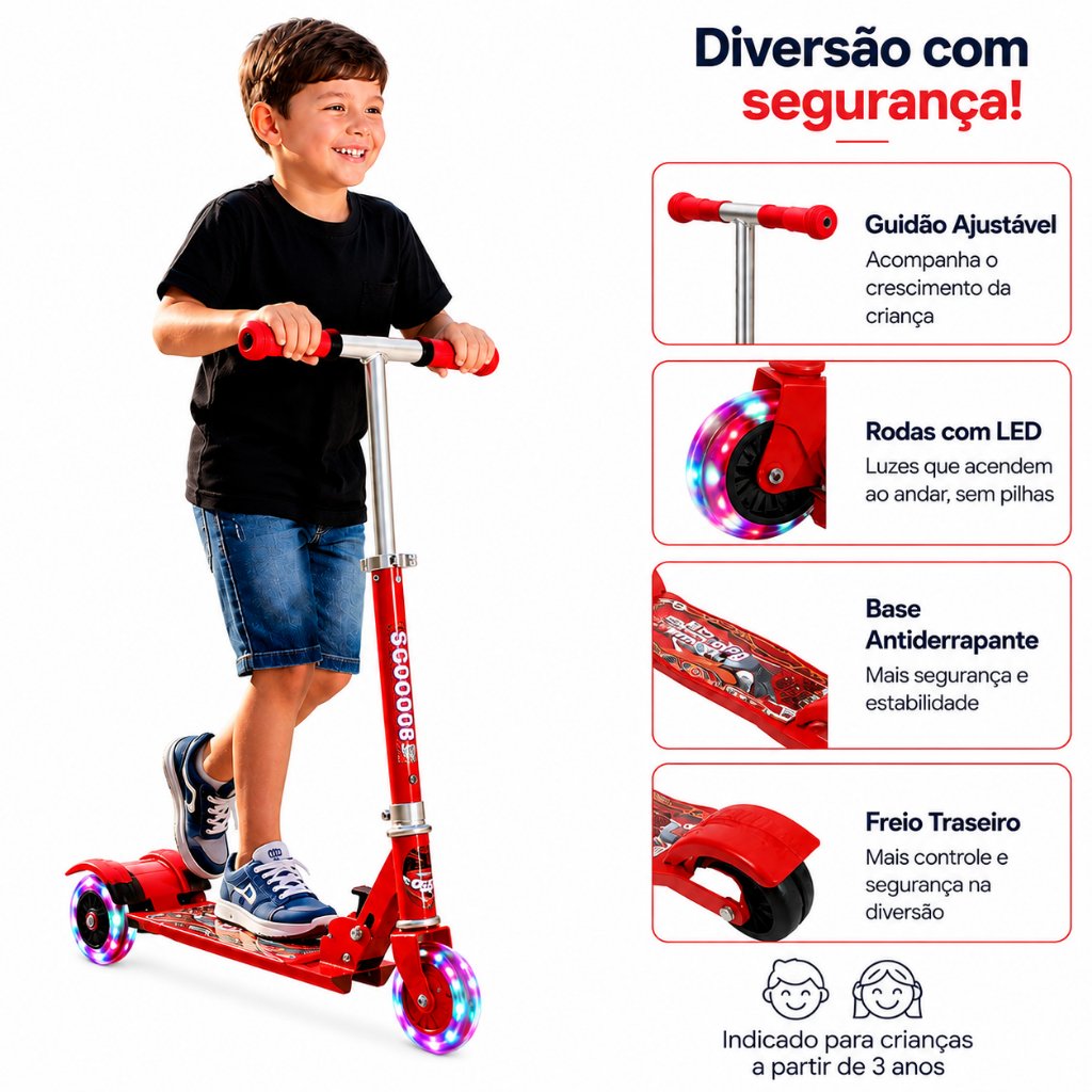 Patinete Dobrável Infantil C/3 Rodas Com Led Ajustável Estável Resistente Até 40kg Diversão