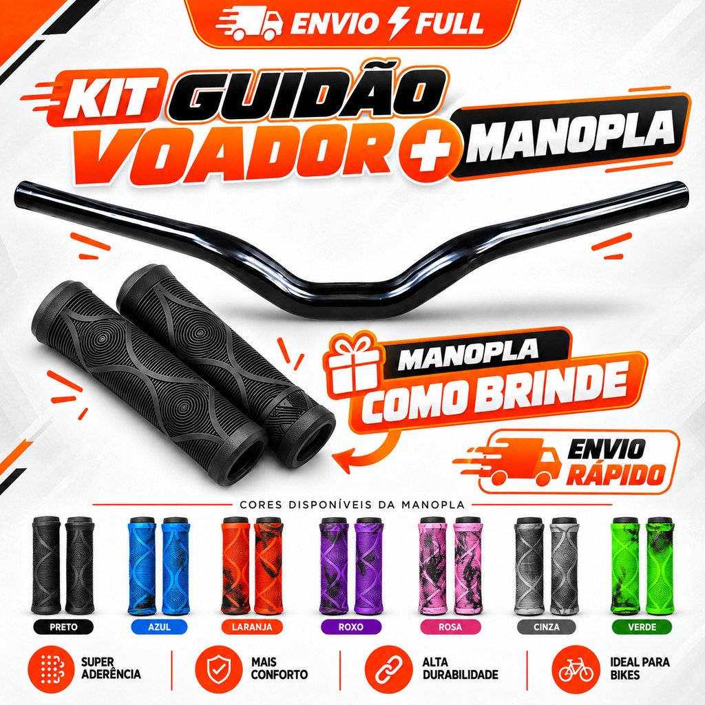 Kit Guidão Voador 31,8x680mm Aço Reforçado + Par Manoplas 165mm MTB Grau Wheeling Bicicleta